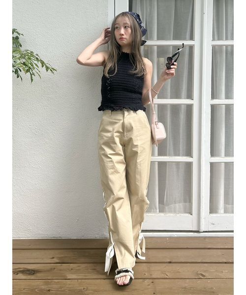 サンダル フリンジリボンミュールサンダル レディースの画像
