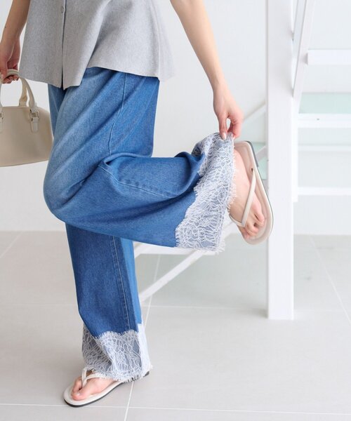 ワイドパンツ ジーンズ デニム デニムパンツ 「ZOZO限定」柔らかイージー裾レースデニムパンツ レディースの画像