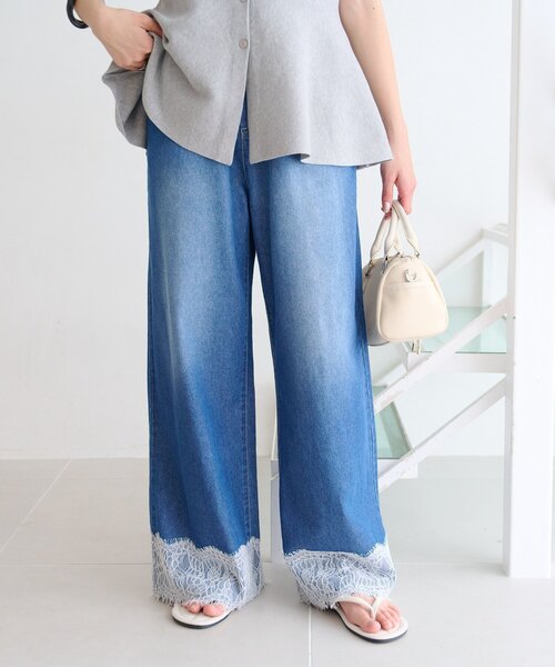 ワイドパンツ ジーンズ デニム デニムパンツ 「ZOZO限定」柔らかイージー裾レースデニムパンツ レディースの画像