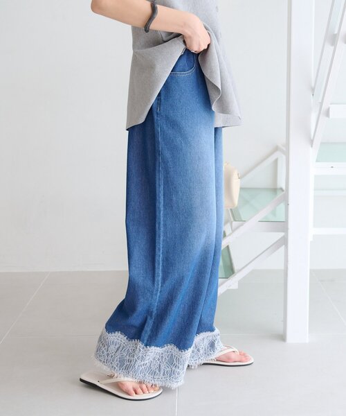 ワイドパンツ ジーンズ デニム デニムパンツ 「ZOZO限定」柔らかイージー裾レースデニムパンツ レディースの画像