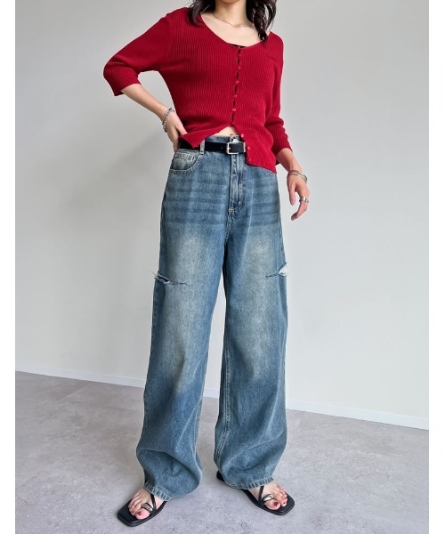 ジーンズ デニム デニムパンツ 「販売枚数3万枚突破」「お気に入り登録数3.7万」「低身長/高身長サイズ有」サイドスリットワイドストレートコットンデニ | Re:EDIT | 28