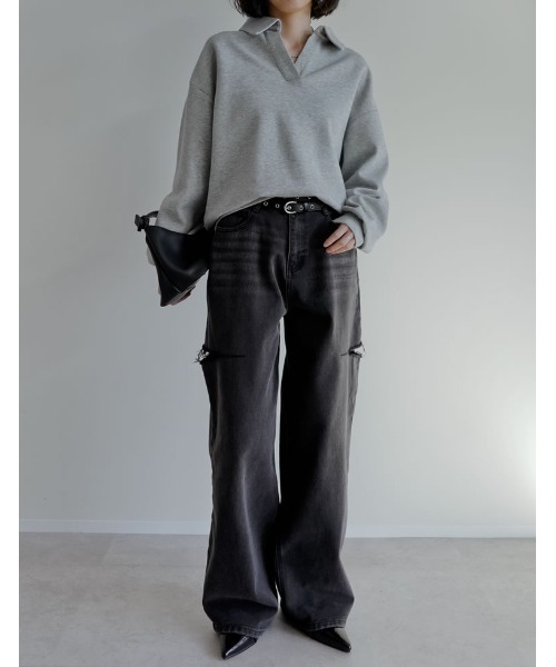 美品✨45rデニムハット　再度お値下げしました ミドルウエストSIDE RIPPEDフレアデニムパンツ[品番：MKSW0060420