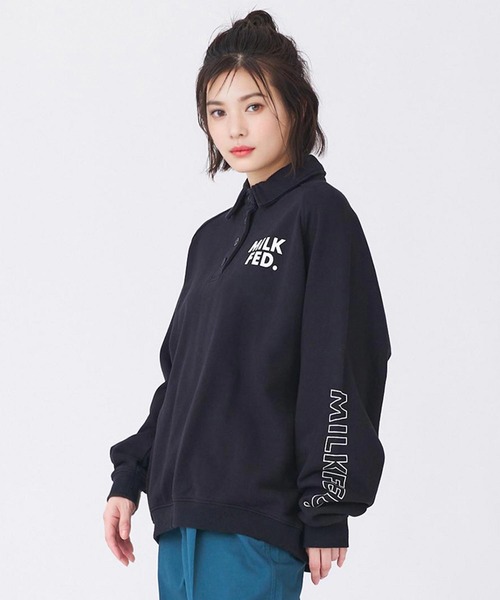 スウェット ミルクフェド MILKFED HALF BUTTON SWEAT SHIRT レディース メンズ トレーナー ブラック 黒 白 ホワイト MILKFED. スウェット ミルクフェド MILKFED HALF BUTTON SWEAT