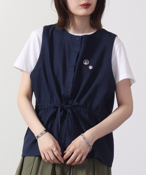 ベスト ジレ EMAGO フレーム刺繍綿麻ベスト レディース Emago ベスト ジレ EMAGO フレーム刺繍綿麻ベスト レディース