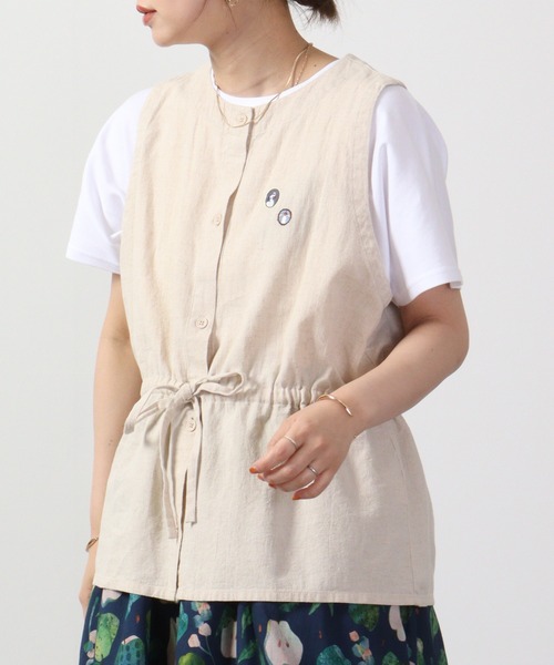 ベスト ジレ EMAGO フレーム刺繍綿麻ベスト レディース