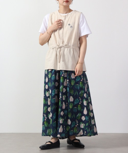 Emago（イマゴ） ベスト ジレ フレーム刺繍綿麻ベスト レディース