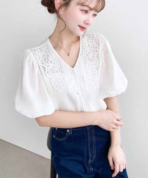 シャツ/ブラウス(半袖/袖なし) UNDULATE SHEER TOP セール】【ノーアイロンOK】シアー素材の襟リブTブラウス（シャツ