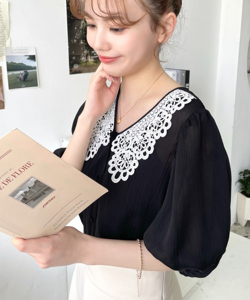 moment+ ブラウス シャツ シアーランダムプリーツレースカラーレトロ