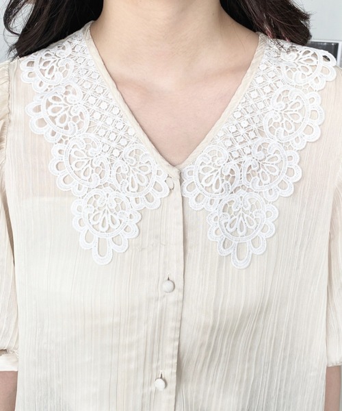 moment+ ブラウス シャツ シアーランダムプリーツレトロレースカラー