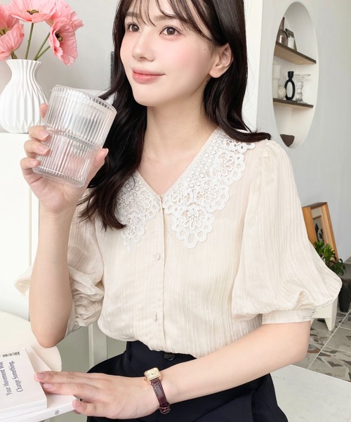 moment+ ブラウス シャツ シアーランダムプリーツレトロレースカラー