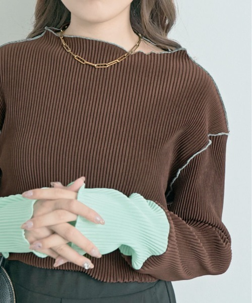 tシャツ 「25AWの新色登場!」 これ1枚でオシャレ見え。袖 配色 ボトルネック プリーツ トップス レディース | ブランド登録なし | 10