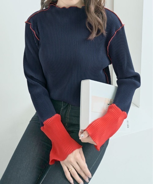 tシャツ 「25AWの新色登場!」 これ1枚でオシャレ見え。袖 配色 ボトルネック プリーツ トップス レディース | ブランド登録なし | 16