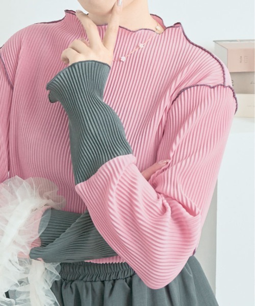 tシャツ 「25AWの新色登場!」 これ1枚でオシャレ見え。袖 配色 ボトルネック プリーツ トップス レディース | ブランド登録なし | 17