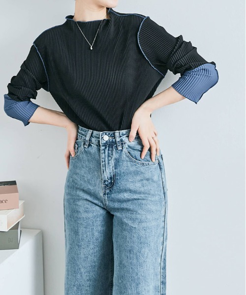 Ada. フリンジベストトップスボトルネックプリーツトップス