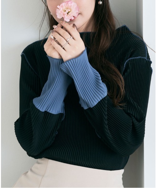 tシャツ 「25AWの新色登場!」 これ1枚でオシャレ見え。袖 配色 ボトルネック プリーツ トップス レディース | ブランド登録なし | 22