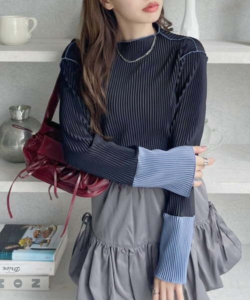 tシャツ 「25AWの新色登場!」 これ1枚でオシャレ見え。袖 配色 ボトルネック プリーツ トップス レディース | ブランド登録なし | 25
