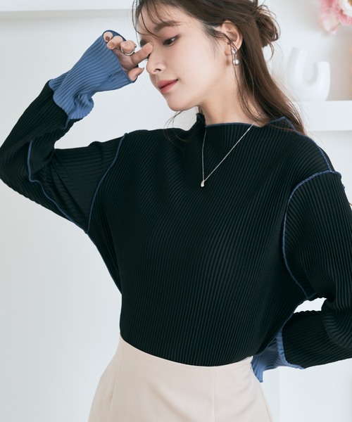 tシャツ 「25AWの新色登場!」 これ1枚でオシャレ見え。袖 配色 ボトルネック プリーツ トップス レディース | ブランド登録なし | 19