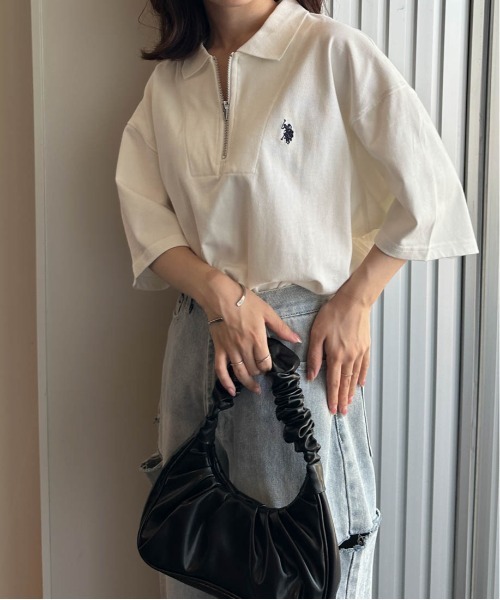 tシャツ 「U.S.POLO ASSN.」 ワンポイント刺繍ジップアップポロ レディース