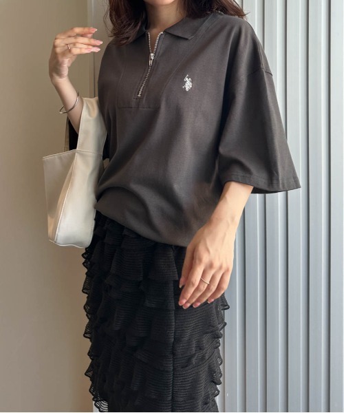 tシャツ 「U.S.POLO ASSN.」 ワンポイント刺繍ジップアップポロ レディース