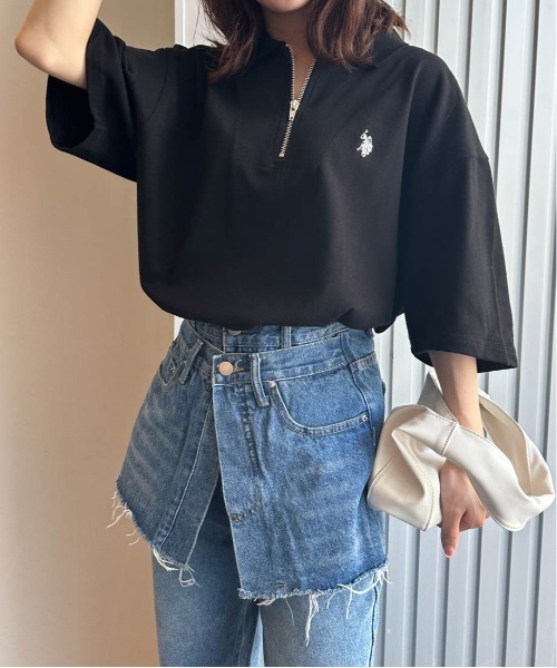 tシャツ 「U.S.POLO ASSN.」 ワンポイント刺繍ジップアップポロ レディース