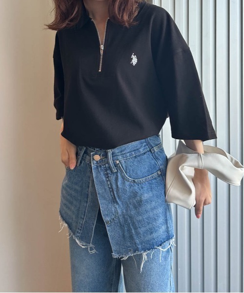 tシャツ 「U.S.POLO ASSN.」 ワンポイント刺繍ジップアップポロ レディース