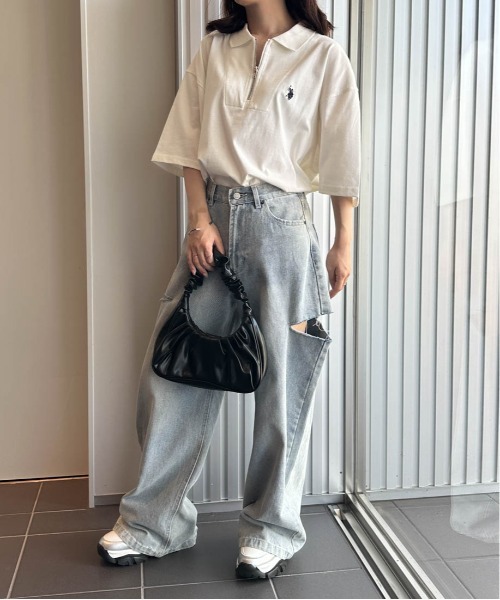 tシャツ 「U.S.POLO ASSN.」 ワンポイント刺繍ジップアップポロ レディース