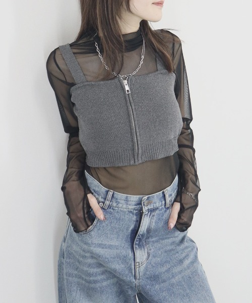 新品未使用✨yori ヨリ クロシェニットミニジレ ノースリーブ　レディース Reurie'（レウリィ） キャミソール ZIP付ニットビスチェ／ zip knit