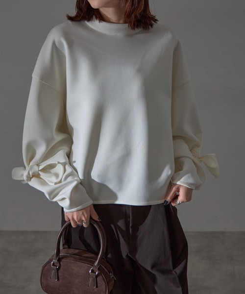 tシャツ カットダンボール袖リボントップス レディース