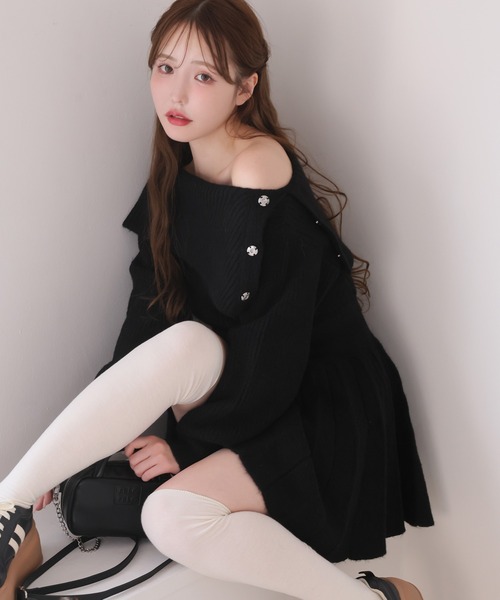 NICE CLAUP プリーツニットminiワンピース one after another NICE CLAUP ワンピース オフショルプリーツ