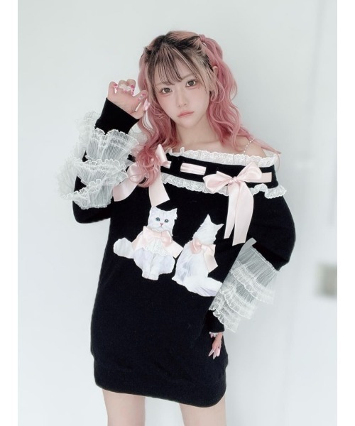 ルーちゃんとアンちゃん Ank Rouge tシャツ ネコちゃんオフショルプルオーバー