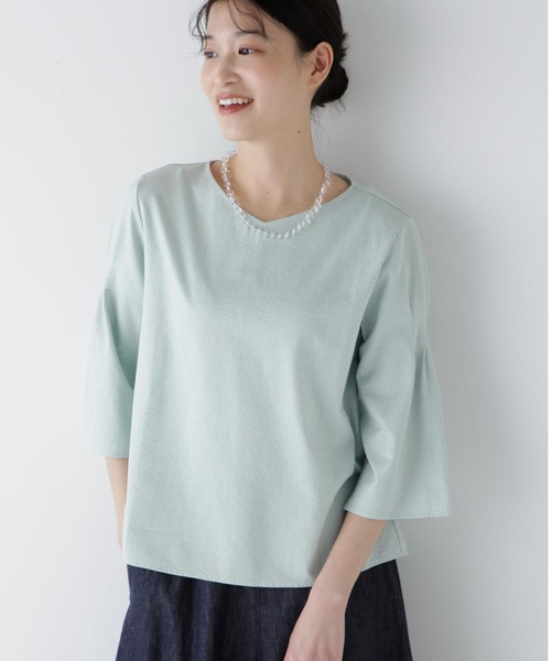 tシャツ ジャガードストライプジャージーＶネックプルオーバー レディース