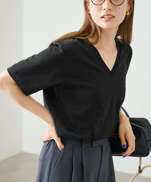 〈FRAMeWORK 〉LOEFF 別注スビン天竺VネックTシャツ/ネイビー FRAMeWORK tシャツ 「追加」LOEFF/ロエフ 別注スビン天竺Vネック