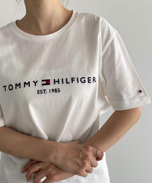 売れ筋商品|||トミーヒルフィガー Tシャツ トップス レディース Women's Slim Logo Ringer T-Shirt Ecru TOMMY JEANS tシャツ スリムスクリプトリンガーTシャツ
