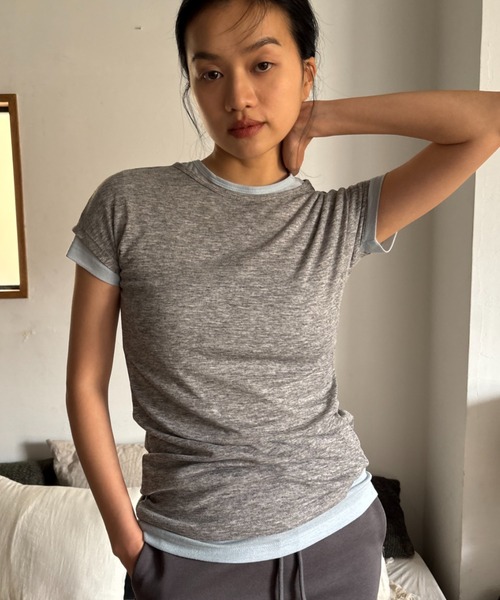 tシャツ リブ部分シアー フレンチスリーブTシャツ レディース MICO COULIER tシャツ リブ部分シアー フレンチスリーブTシャツ