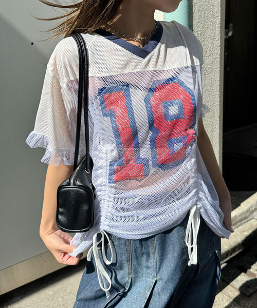 tシャツ メッシュナンバリングシャーリングTee レディース CIAOPANIC tシャツ メッシュナンバリングシャーリングTee