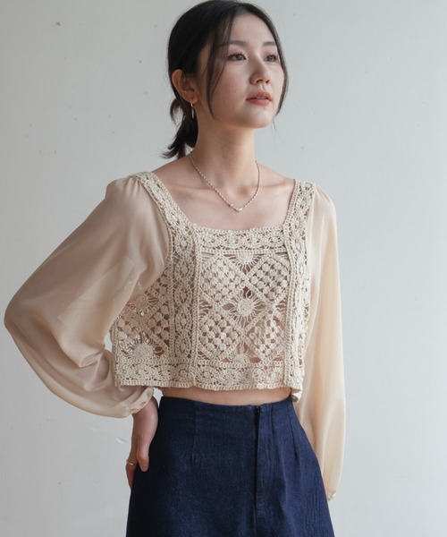 ブラウス シャツ 春夏は上品に。クロシェ編みシアー素材ボリューム