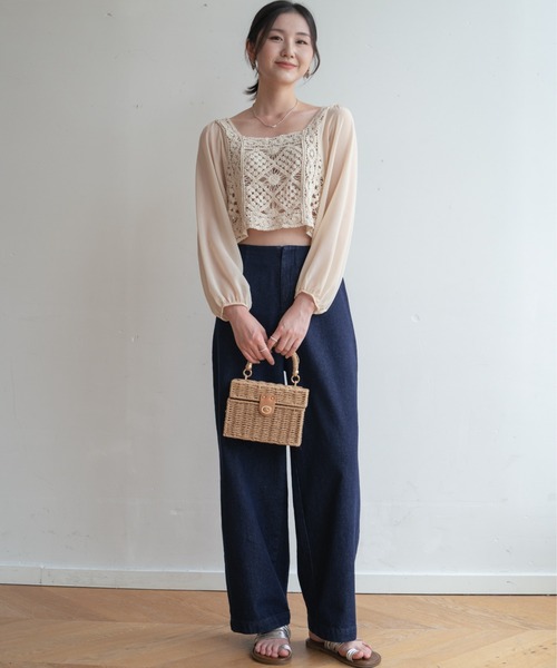 45R クロシェ編み cottonレースブラウス ブラウス シャツ 夏は上品に。クロシェ編みシアー素材ボリューム