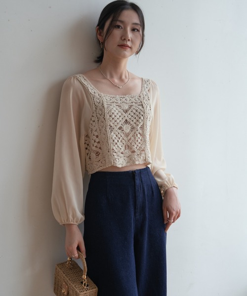 45R クロシェ編み cottonレースブラウス ブラウス シャツ 夏は上品に。クロシェ編みシアー素材ボリューム