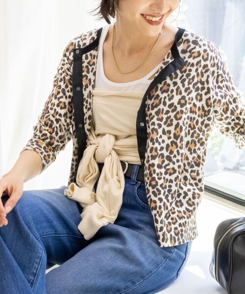 Rie Miller カーディガン 「手洗い可能」ヒョウ柄クルーネック