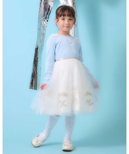 mezzo piano ワンピース チュール刺しゅうドッキングワンピース キッズ