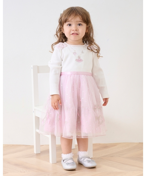 メゾピアノ　チュール刺しゅうドッキングワンピース　120 mezzo piano ワンピース チュール刺しゅうドッキングワンピース キッズ