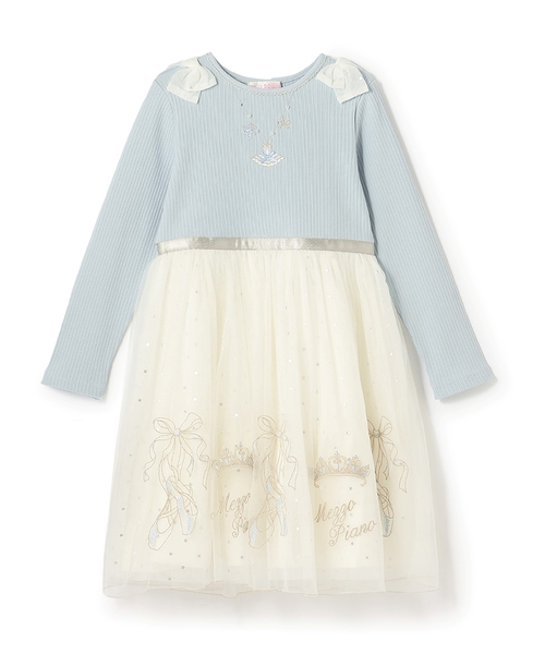 mezzo piano ワンピース チュール刺しゅうドッキングワンピース キッズ