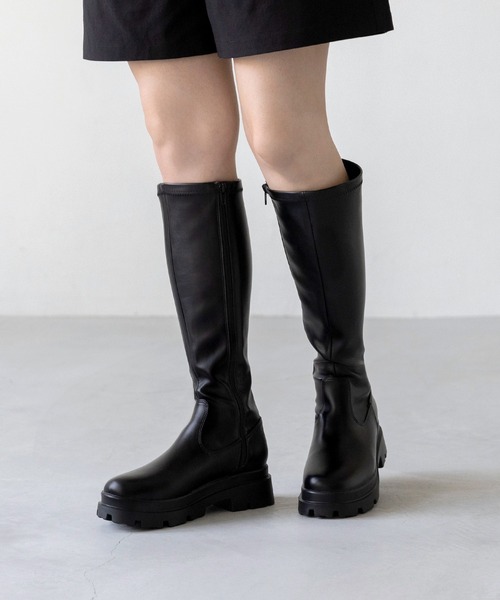 menue（メヌエ） ブーツ ラウンドトゥ 厚底 ストレッチロングブーツ