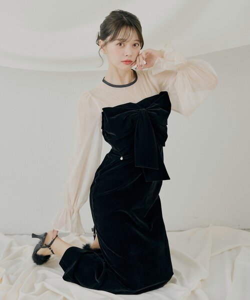 オケージョンドレス　Chico Chico（チコ） ドレス 「SALON by Chico」配色シアーリボンベロア