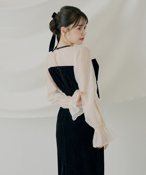 配色シアーリボンベロアワンピース/オケージョン Chico（チコ） ドレス 「SALON by Chico」配色シアーリボンベロア