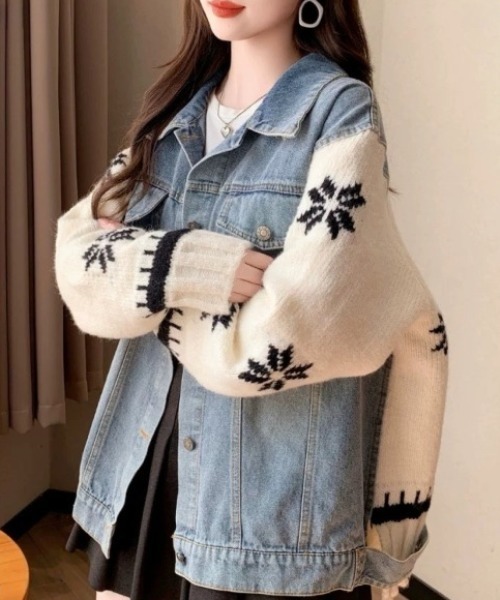 Sibra（シブラ） デニムジャケット gジャン 雪柄ニット×デニム切替