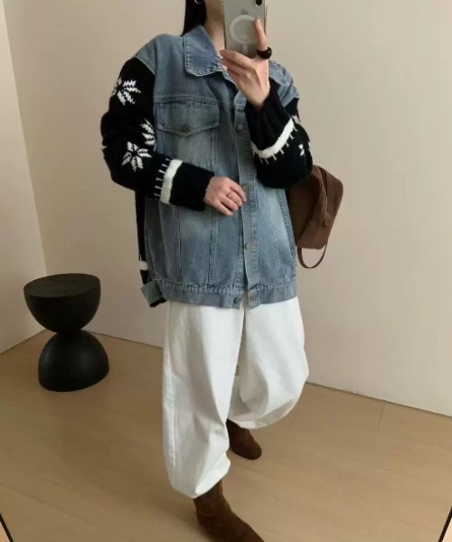 Sibra（シブラ） デニムジャケット gジャン 雪柄ニット×デニム切替