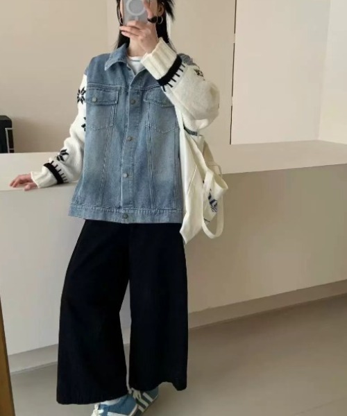 Sibra（シブラ） デニムジャケット gジャン 雪柄ニット×デニム切替