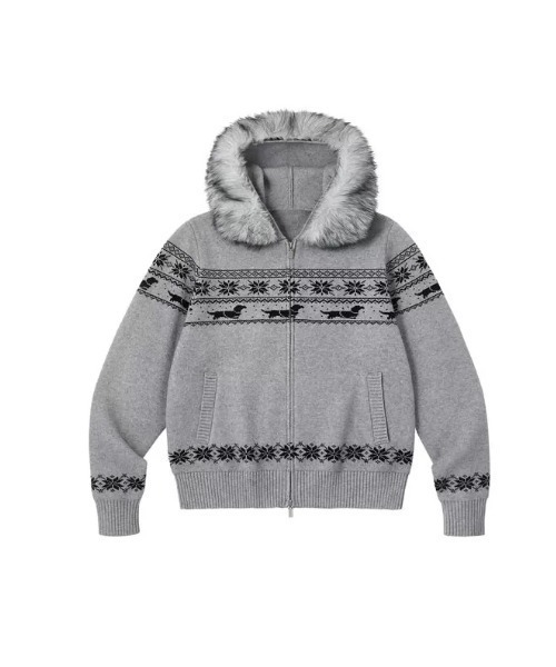 ViViDAY カーディガン ノルディック柄エコファーフード付きニット