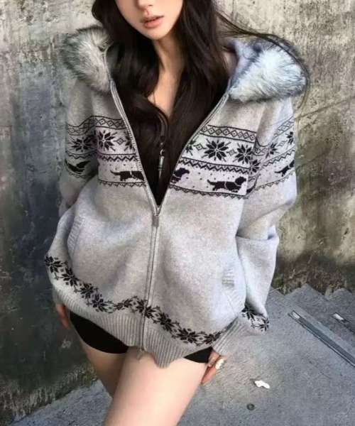 ViViDAY カーディガン ノルディック柄エコファーフード付きニット